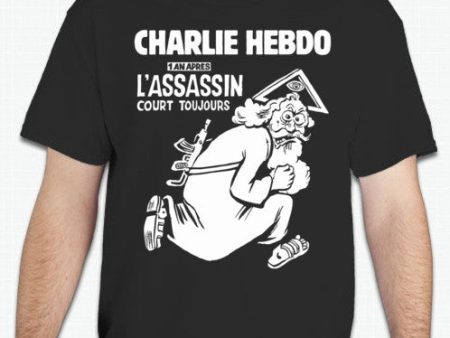 Charlie Hebdo 6 January 2016 Cover Assassin Still At Large God T-shirt | Blasted Rat Sale