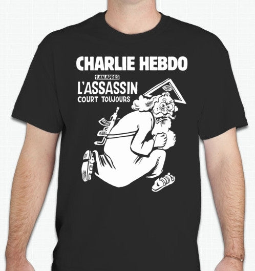 Charlie Hebdo 6 January 2016 Cover Assassin Still At Large God T-shirt | Blasted Rat Sale